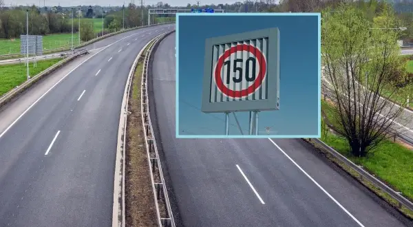 Autostrada w Czechach z tablicą informującą o ograniczeniach prędkości do 150 km/h.