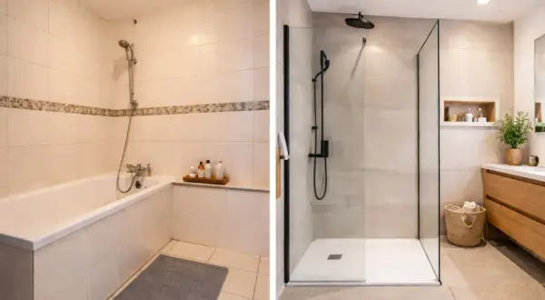 Avant/après : comment remplacer une baignoire par une douche moderne et spacieuse. La douche vitrée offre un look épuré.