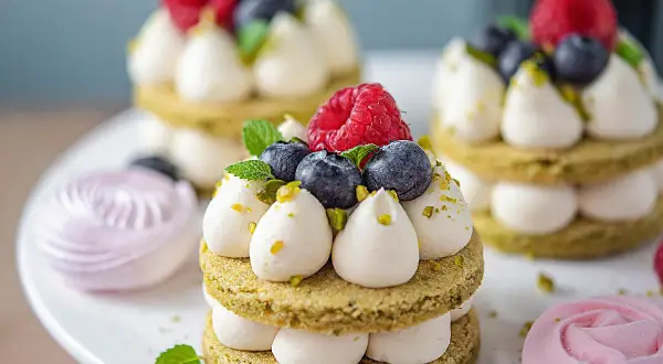 Délicieux petits gâteaux pistache-chocolat blanc, garnis de fruits rouges et de menthe. Parfait pour une recette ganache montée chocolat blanc.