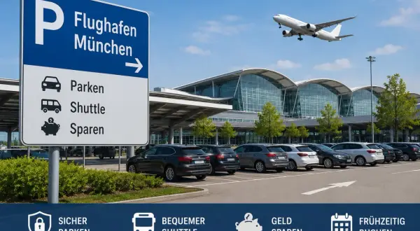 Parkplatz am Flughafen München mit Shuttle-Service und Sparmöglichkeiten. Ein Flugzeug startet im Hintergrund.