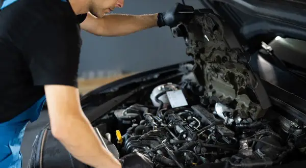 Mécanicien travaillant sur un moteur de voiture, vérifiant les composants pour éviter tout risque de colmatage.
