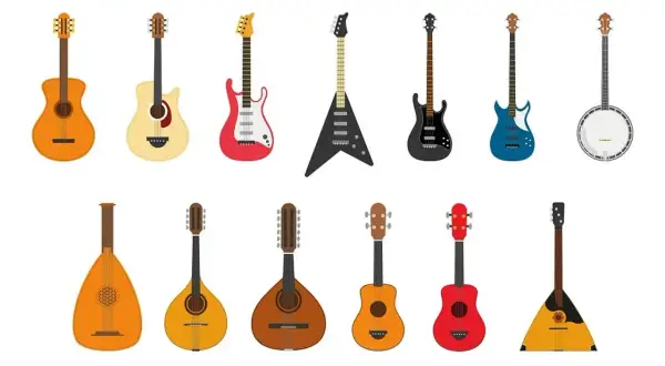 Różnorodne instrumenty strunowe: gitary akustyczne, elektryczne, basowe, banjo, lutnia, mandolina, ukulele i bałałajka.