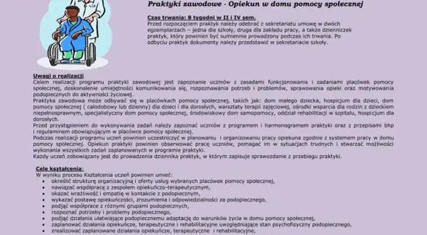 Jak wypełnić dziennik praktyk opiekuna medycznego: opis celów, uwag i zadań. Ilustracja przedstawia opiekuna przy pacjencie na wózku.