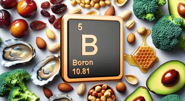 Bor wirkung: Austern, Mandeln, Honig, Brokkoli und Avocado umgeben ein Symbol für Bor.