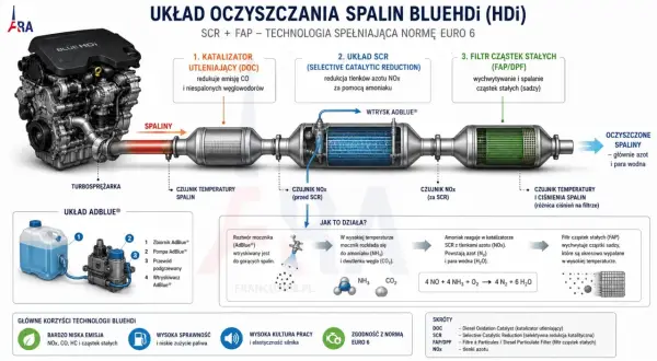Schemat układu oczyszczania spalin BlueHDi dla silnika 1.6 tdi: katalizator DOC, SCR z wtryskiem AdBlue i filtr FAP.