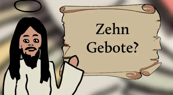 Jesus mit Heiligenschein präsentiert eine Schriftrolle mit der Frage "Zehn Gebote?".