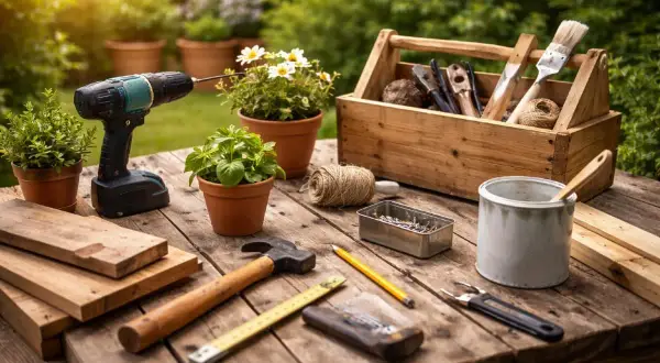 Verktyg och material för ett **diy projekt** ligger utspridda på ett träbord i trädgården. En skruvdragare, hammare, såg, spik och träbitar är redo för skapande.
