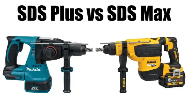 Porównanie wiertarek: niebieska Makita SDS Plus i żółta DeWalt SDS Max, obie z uchwytem bocznym i wiertłem.