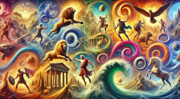 Hercule affronte le lion de Némée, entouré de scènes mythologiques vibrantes. Les 12 travaux d'Hercule prennent vie dans un tourbillon de couleurs et de créatures fantastiques.
