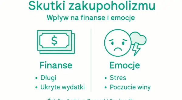 Skutki zakupoholizmu: długi, ukryte wydatki, stres i poczucie winy. Wpływ na finanse i emocje.