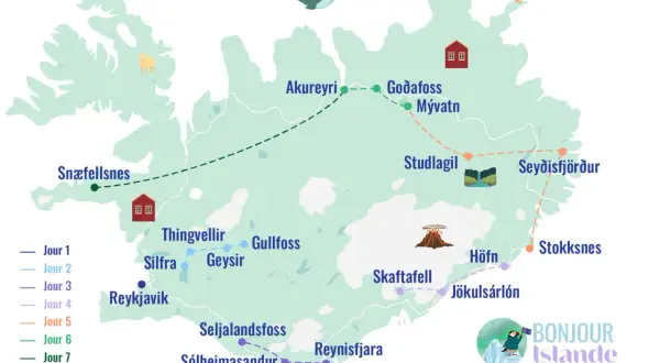 Carte d'un voyage en Islande d'une semaine, montrant les sites clés comme Reykjavik, Gullfoss, Jökulsárlón et Seyðisfjörður.