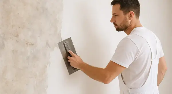 Mann trägt mit Glättekelle Rollputz auf eine Wand auf.
