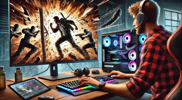 Un joueur aux écouteurs affronte une explosion numérique sur son écran, le **input delay** le ralentissant dans l'action.