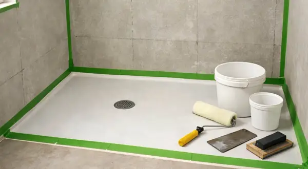 Préparation d'une douche : un receveur en résine, des seaux, un rouleau et une spatule. L'inconvénient ? La préparation minutieuse.
