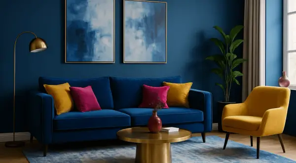 Ein tiefblaues Sofa mit gelben und pinken Kissen. Ein gelber Sessel und ein goldener Couchtisch. Welche Farbe passt zu dunkelblau? Gelb und Pink!