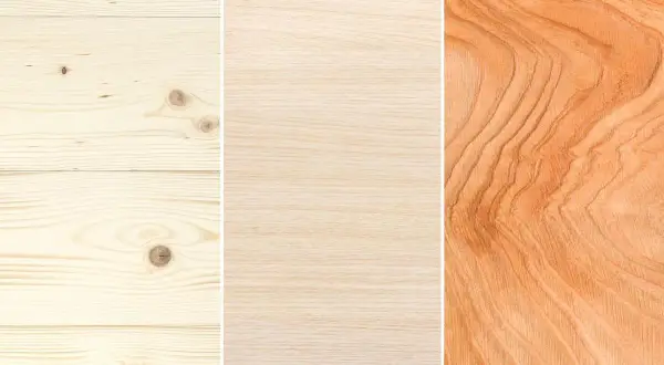Tres tipos de madera conífera: pino claro con nudos, abeto pálido y cedro rojizo con vetas marcadas.