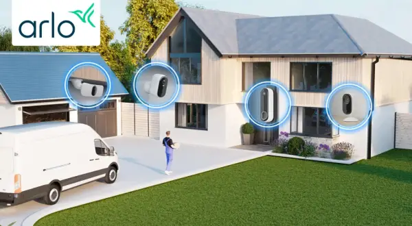 Arlo propose des solutions pour savoir où placer une camera de surveillance : près du garage, sur la façade, ou à l'intérieur.