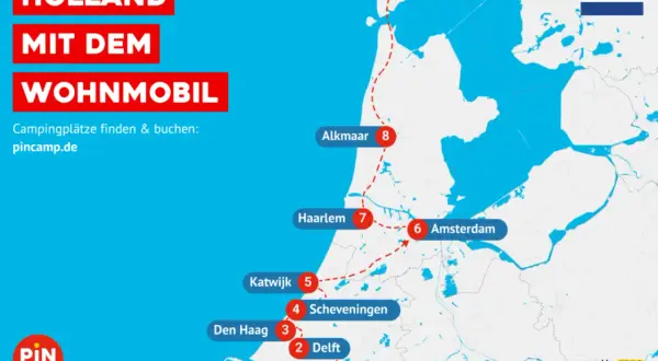 Die Holland Route mit dem Wohnmobil führt von Rotterdam über Delft, Den Haag, Scheveningen, Katwijk, Haarlem, Alkmaar bis nach Texel. Campingplätze finden & buchen: pincamp.de