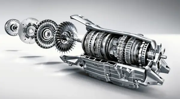 Rozłożony na części 7G-TRONIC: koło zamachowe, sprzęgło, turbina i precyzyjne tryby skrzyni biegów.