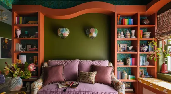 A cozy reading nook with a pink sofa, shelves filled with books and decor, and bright bold colors on the walls and shelving.