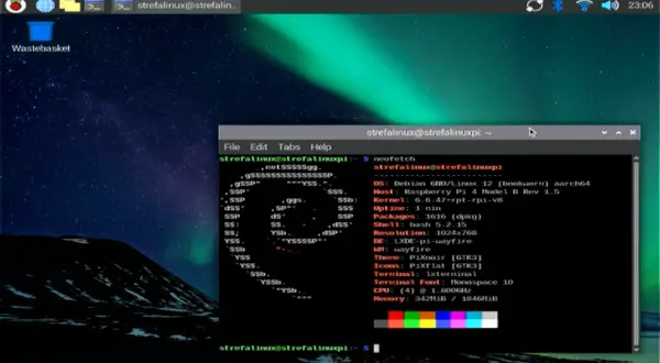 Terminal na Raspberry Pi z systemem Raspberry Pi OS, wyświetlający informacje o systemie za pomocą neofetch.