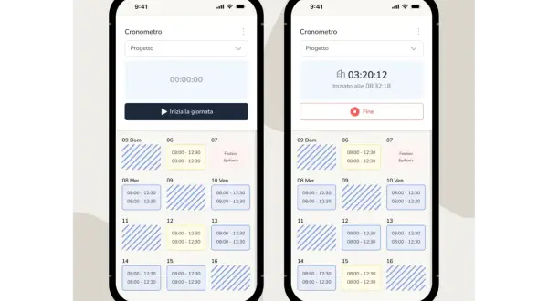 Schermate di un'app per timbrature: una mostra il cronometro a zero, l'altra con 3 ore registrate.