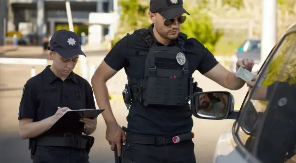 Deux agents de police contrôlent un conducteur. L'un prend une pièce d'identité, l'autre note un défaut de maîtrise du véhicule natinf.