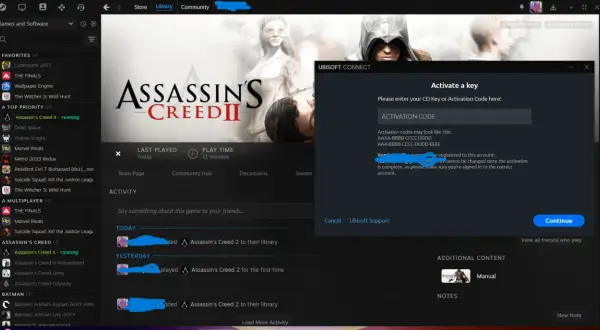 Okno Ubisoft Connect z polem do wpisania kodu aktywacyjnego gry Assassin's Creed II.