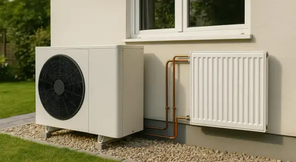 Une pompe à chaleur extérieure est connectée par des tuyaux en cuivre à un radiateur blanc fixé au mur d'une maison.