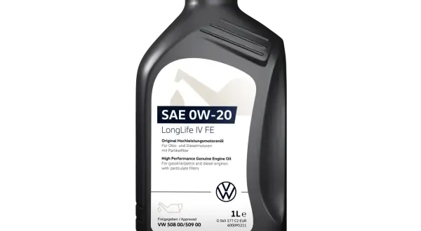 Schwarze Ölflasche mit weißem Etikett, SAE 0W-20 LongLife IV FE, VW-Logo.