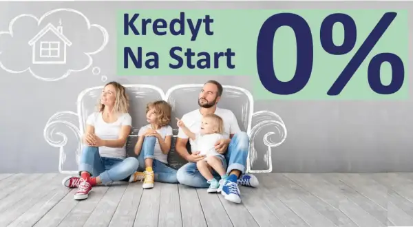 Rodzina marzy o domu, a tekst "Kredyt Na Start 0%" sugeruje, że marzenie o własnym M jest teraz łatwiejsze do zrealizowania.