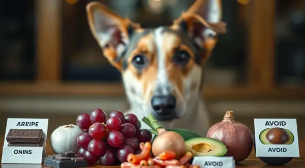 Pies patrzy na stół z zakazanymi produktami: czekoladą, winogronami, cebulą, awokado. Zastanawiasz się, jakie przyprawy dla psa są bezpieczne?