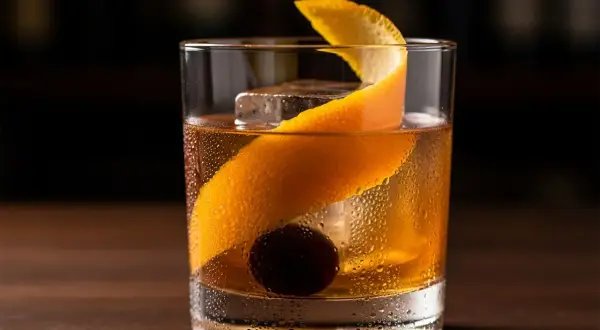 En old fashioned-drink med is, apelsinskal och körsbär i ett glas med kondens.