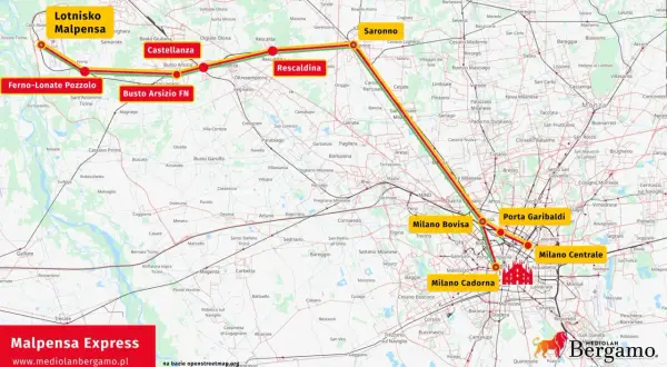 Trasa Malpensa Express: Lotnisko Malpensa, Castellanza, Busto Arsizio FN, Milano Bovisa, Porta Garibaldi, Milano Centrale, Milano Cadorna.