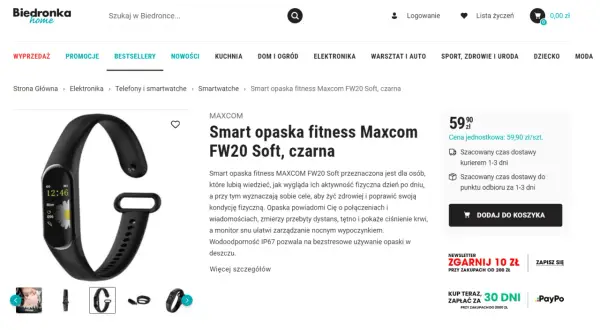 Czarna smart opaska fitness Maxcom FW20 Soft, idealna do monitorowania aktywności i zdrowia.