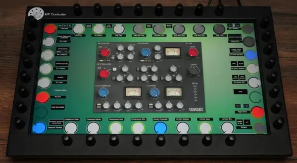 A digital audio workstation screen displays various Analog Obsession plugins, including EQ, compressor, de-esser, and tape drive modules.
