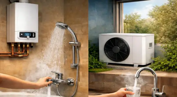 Sistema de aerotermia con radiadores: agua caliente para tu ducha y un vaso refrescante. Eficiencia y confort en tu hogar.