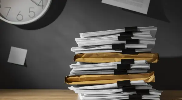 Una pila di documenti su una scrivania, con una nota appiccicata al muro e un orologio che segna il tempo. Chissà ogni quanto si aggiorna il dvr con tutto questo lavoro arretrato.