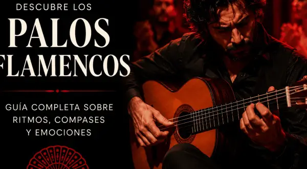 Un guitarrista flamenco toca con pasión, explorando los 10 palos del flamenco. Una guía completa sobre ritmos, compases y emociones.