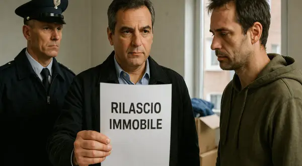 Uomo mostra foglio "RILASCIO IMMOBILE" a un altro uomo, mentre un poliziotto osserva. Situazione di sfratto senza contratto.