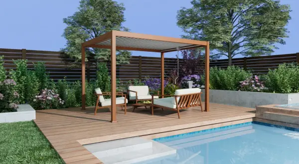 Pergola addossata in alluminio fai da te, con arredi da esterno e piscina.