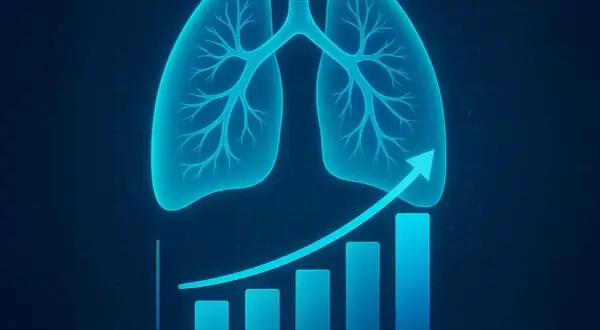 Blaue Lungen über einem steigenden Balkendiagramm mit Pfeil. Die Grafik deutet auf Fortschritte hin, die Hoffnung geben, dass man Lungenkrebs heilen kann.