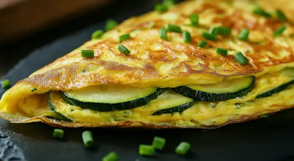 Ein goldbraunes Zucchinio-Omelett, gefüllt mit Scheiben von Zucchini und garniert mit Schnittlauch.
