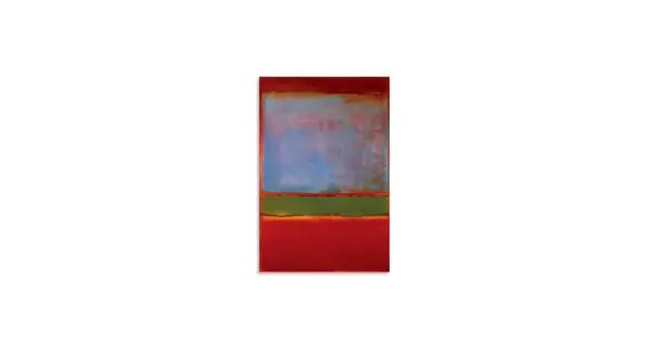 Abstract painting no. 6 (violet, green and red) features soft, rectangular blocks of color: deep red at the top and bottom, a vibrant green in the middle, and a hazy blue-violet in between.