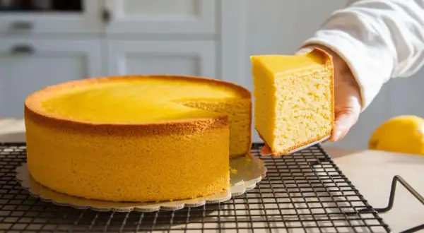 Una fetta di torta allo yogurt, soffice e dorata, viene sollevata da una tortiera intera.