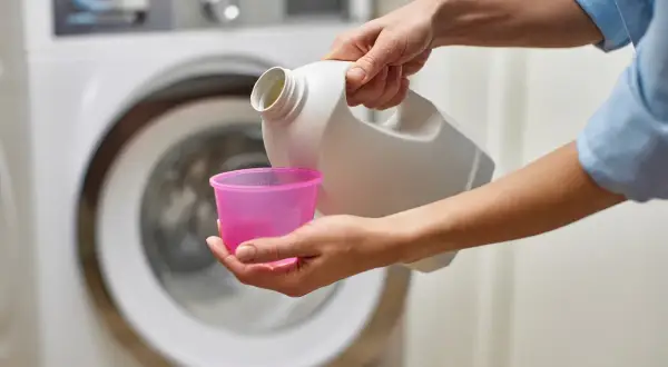 Mani versano candeggina in un misurino rosa, vicino a una lavatrice. Quanto tempo ammollo candeggina?