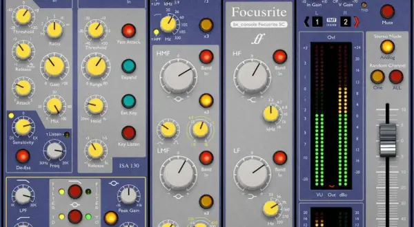 Focusrite bx_console Focusrite SC, a free channel strip plugin, features EQ, compression, and gate modules.