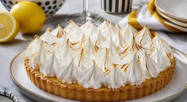 Tarte au citron généreusement garnie de meringue italienne dorée, prête à être dégustée.