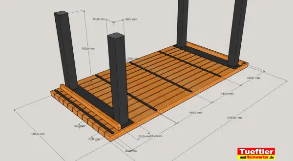 Bauplan für einen stabilen Gartentisch selber bauen. Maße und Konstruktion sind detailliert dargestellt.