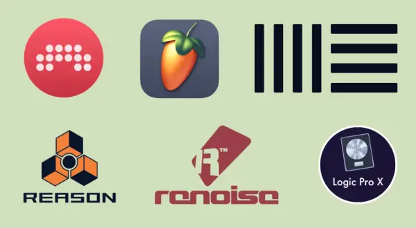 Logos von Musikproduktionsprogrammen: Ableton, FL Studio, Cubase, Reason, Renoise, Logic Pro X.